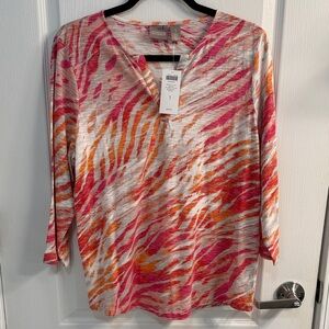 Chico's Vibrant Pink and Orange Abstract Wave Pattern 3/4 Sleeve